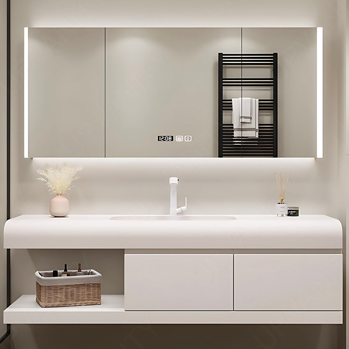 Modern Bath Vanity Set, White, White Slate Top, Open Storage, 36"- 60", Single, Floating, Rounded Edge, Smart LED Mirror, Rear Cabinet