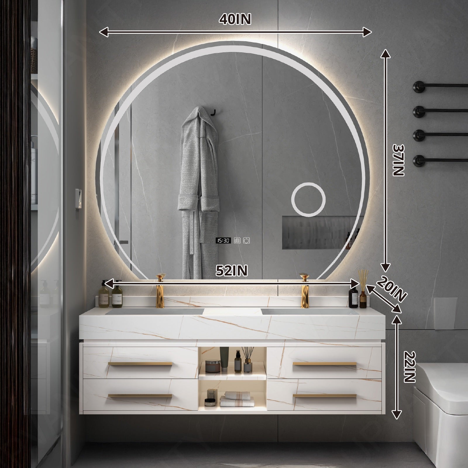 Modern Bath Vanity Set, White, White Slate Top, Open Storage, 40"- 60", Single/Double, Floating, Round Smart LED Mirror