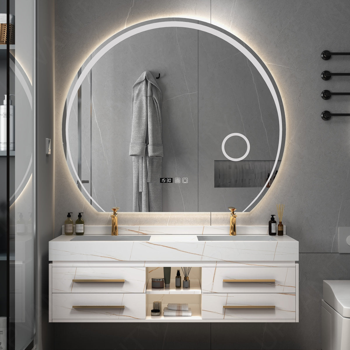 Modern Bath Vanity Set, White, White Slate Top, Open Storage, 40"- 60", Single/Double, Floating, Round Smart LED Mirror