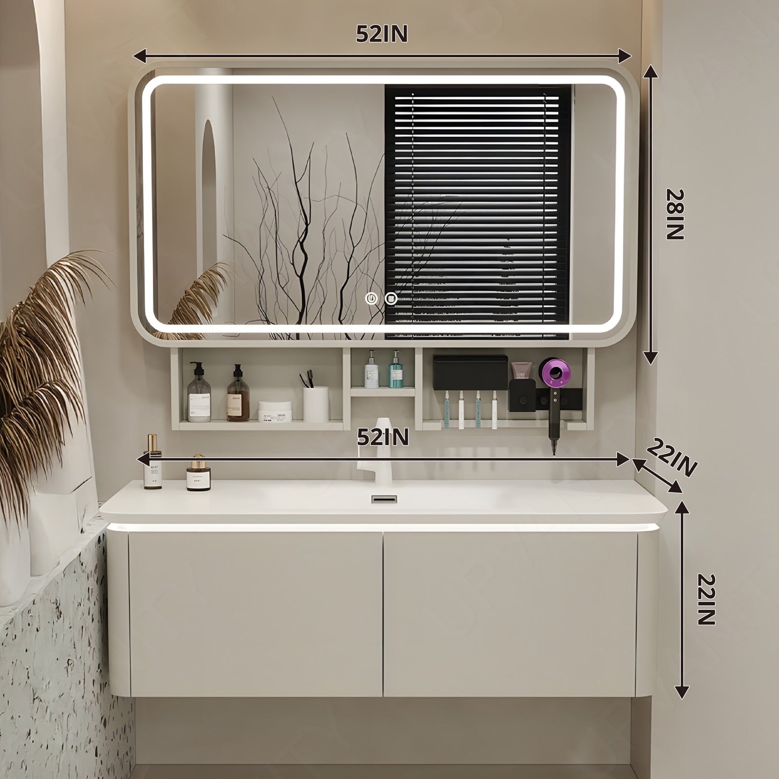 Modern Bath Vanity Set, White, White Slate Top, Rounded Edge, 40"-64", Single, Floating, Smart LED Mirror, Storage Rack