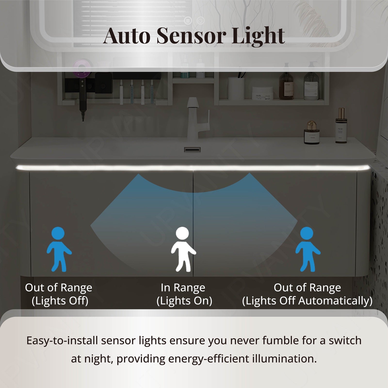 Modern Bath Vanity Set, White, White Slate Top, Rounded Edge, 40"-64", Single, Floating, Smart LED Mirror, Storage Rack