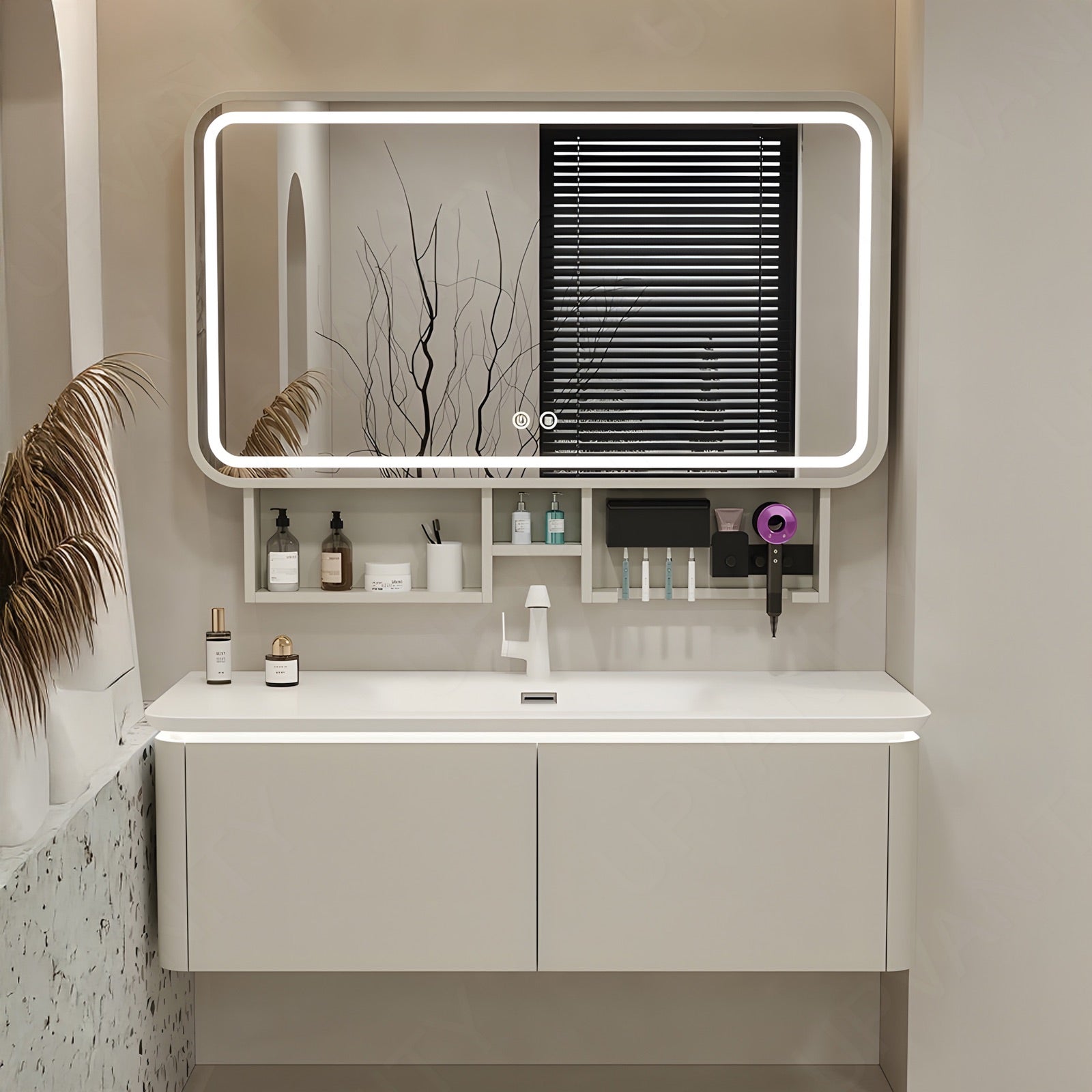Modern Bath Vanity Set, White, White Slate Top, Rounded Edge, 40"-64", Single, Floating, Smart LED Mirror, Storage Rack