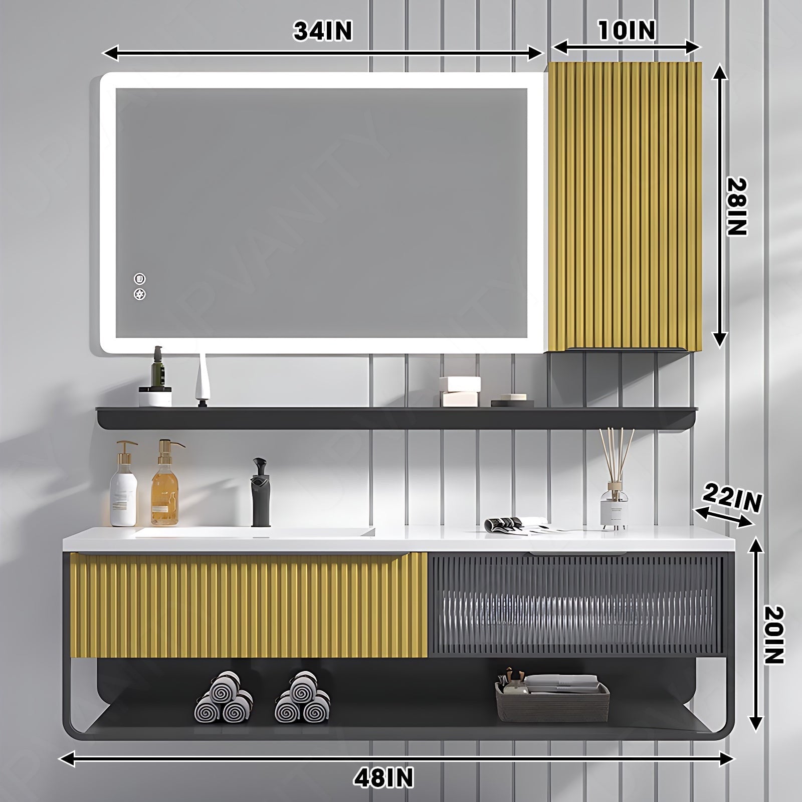 Modern Bath Vanity Set, Yellow, Striped Panel, 32"- 48", Single, Floating, Smart LED Mirror, Side Cabinet