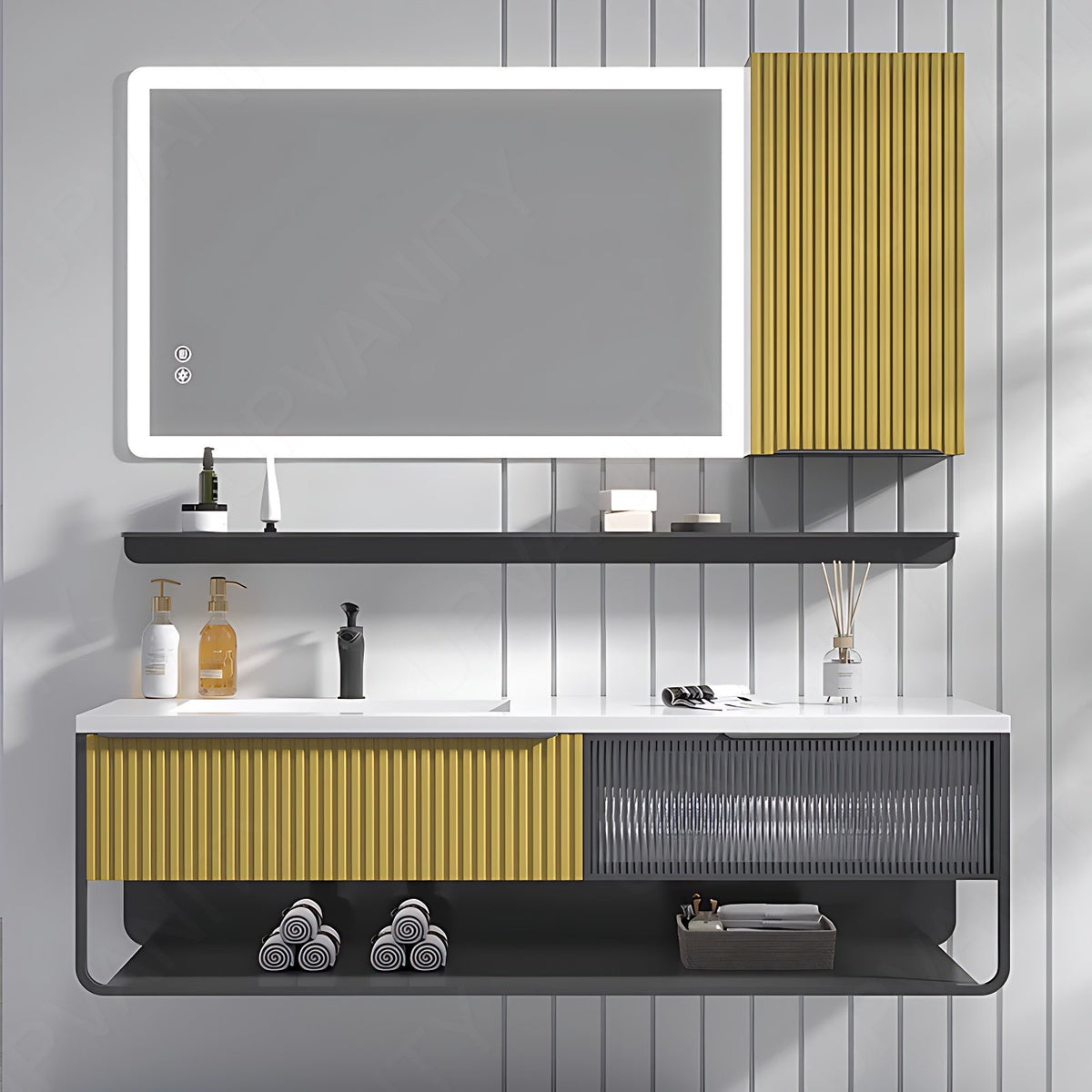 Modern Bath Vanity Set, Yellow, Striped Panel, 32"- 48", Single, Floating, Smart LED Mirror, Side Cabinet