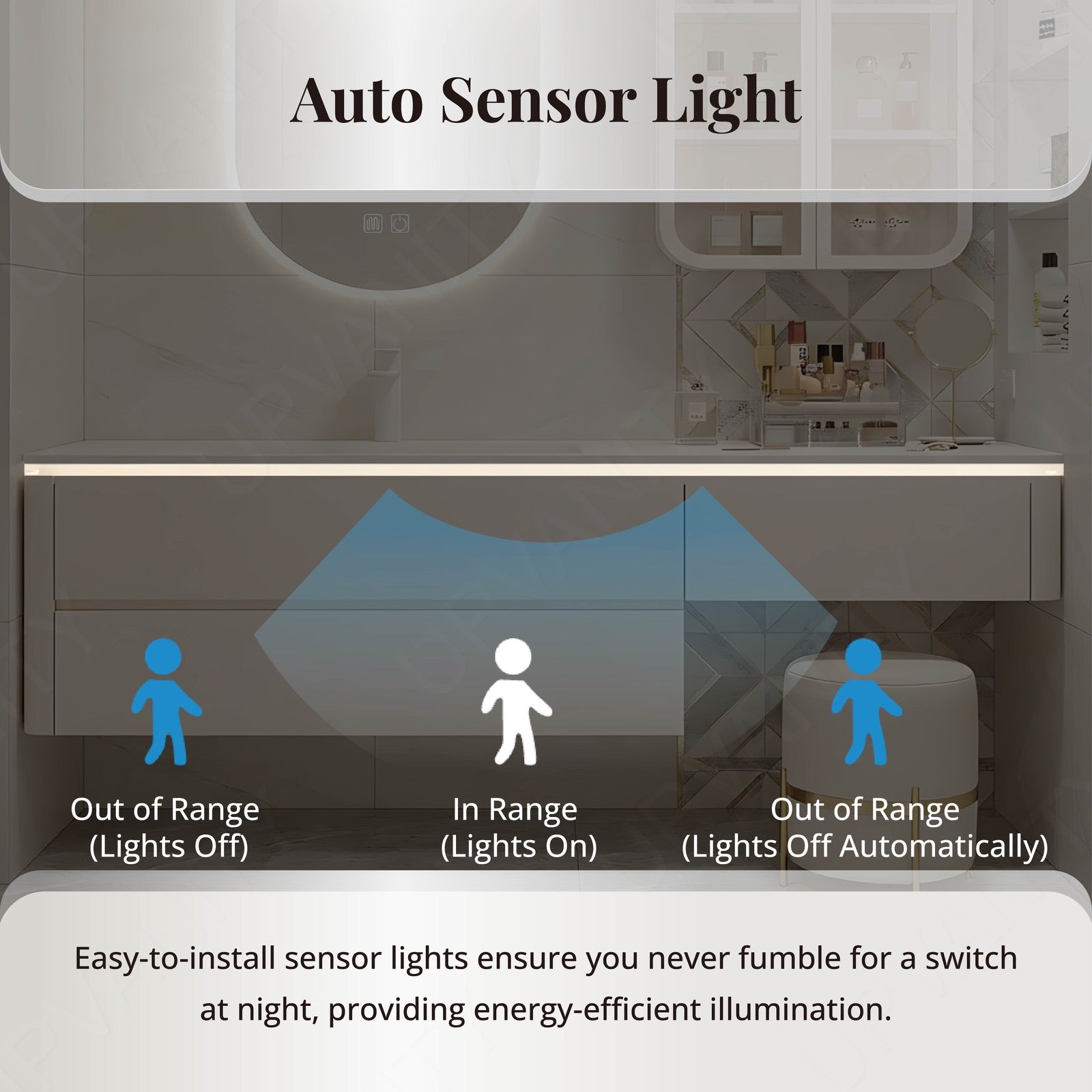 Modern Bathroom Vanity Set, Beige, Makeup Table, 52"-78", Single, Floating, Oval Smart LED Mirror, Side Cabinet, Sensor Light