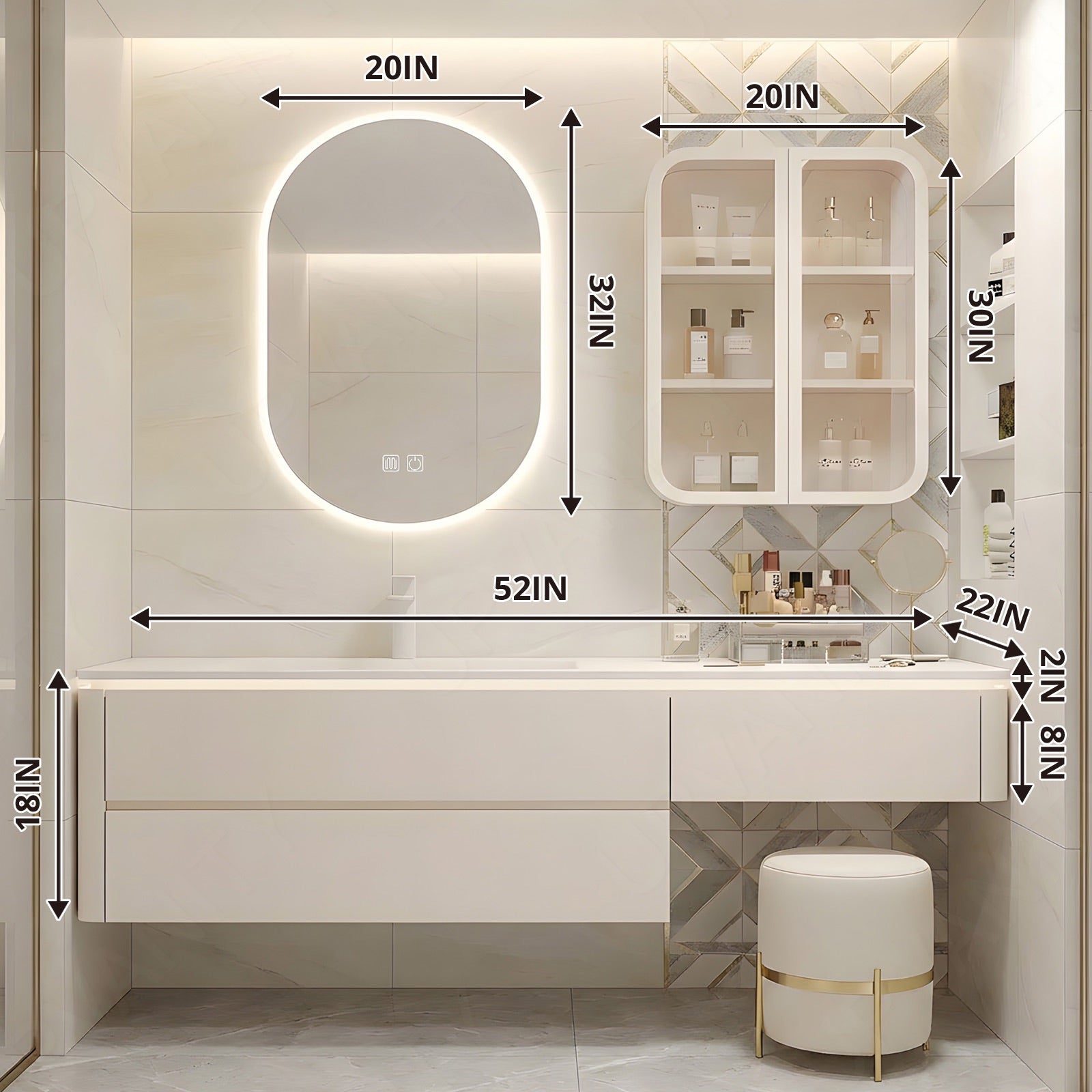 Modern Bathroom Vanity Set, Beige, Makeup Table, 52"-78", Single, Floating, Oval Smart LED Mirror, Side Cabinet, Sensor Light