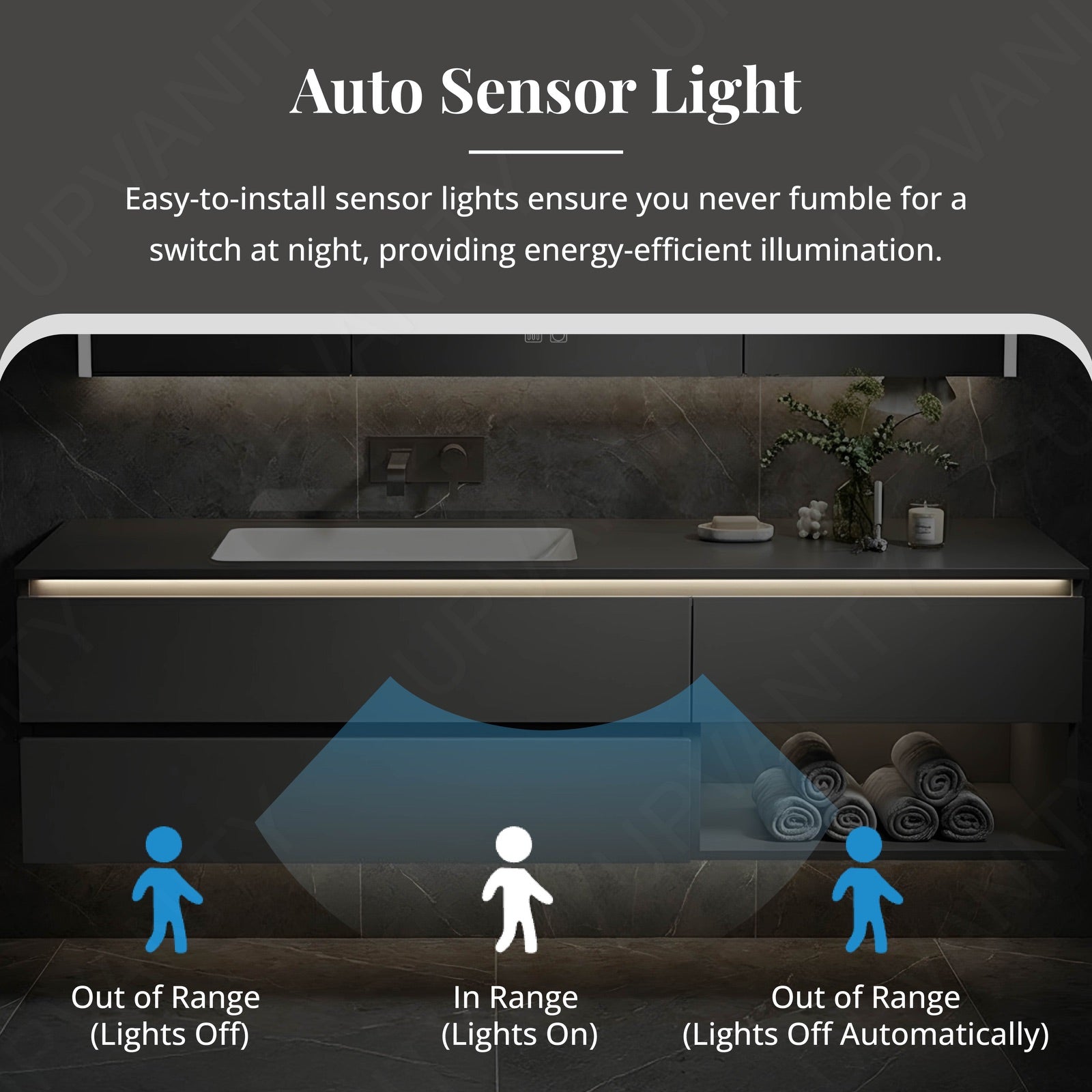 Modern Bathroom Vanity Set, Black, Open Storage, 48"-60", Single, Floating, Smart LED Mirror, Rear Cabinet, Sensor Light