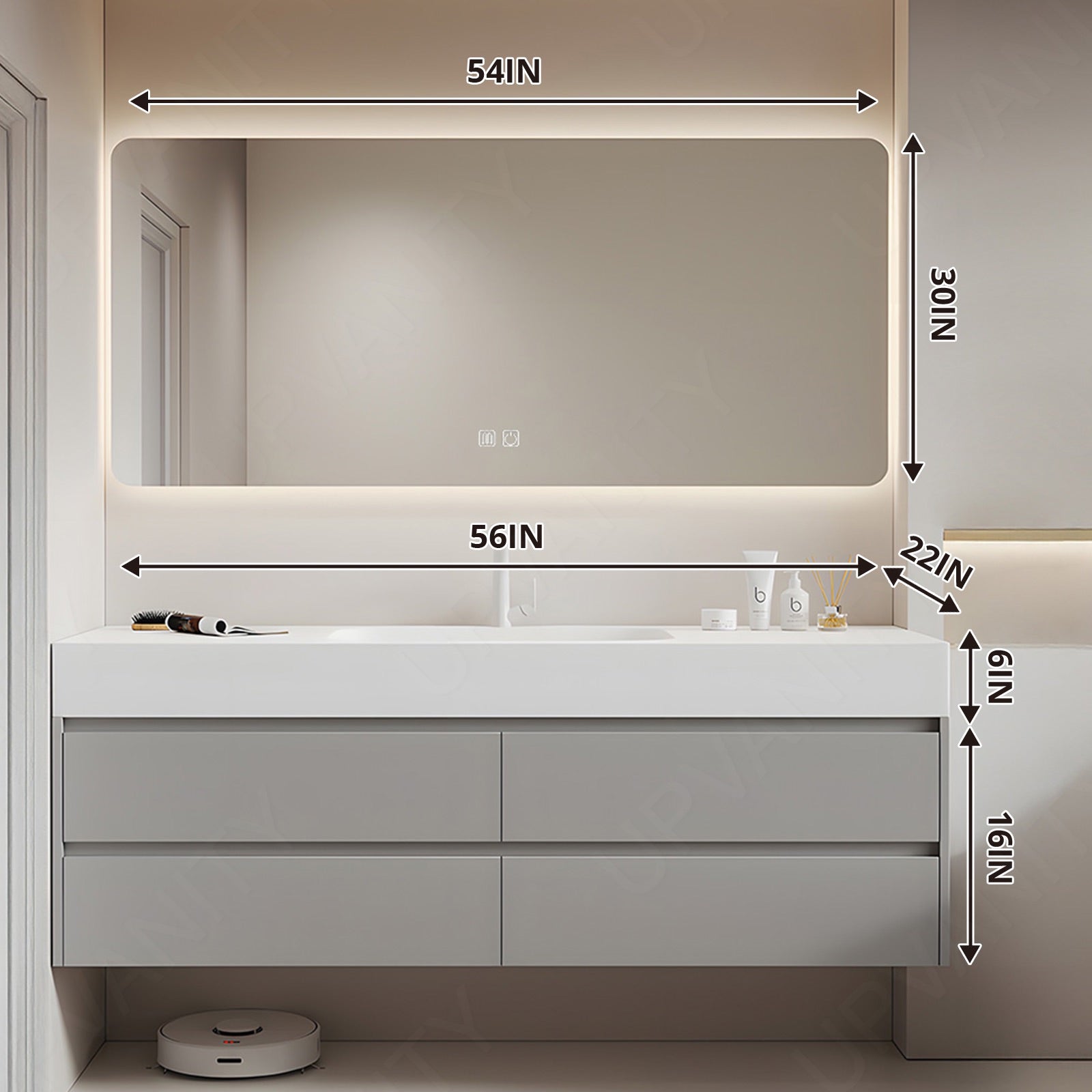 Modern Bathroom Vanity Set, Gray, White Slate Top, 40"-56", Single, Floating, Sectional Storage, Smart LED Mirror