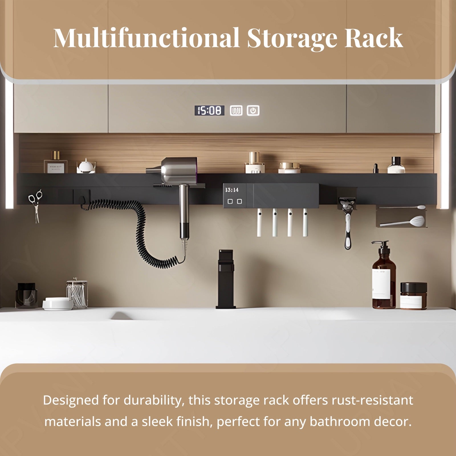 Modern Bathroom Vanity Set, Natural, Split White Top, 32"-52", Single, Floating, Smart LED Mirror, Rear Cabinet, Storage Rack