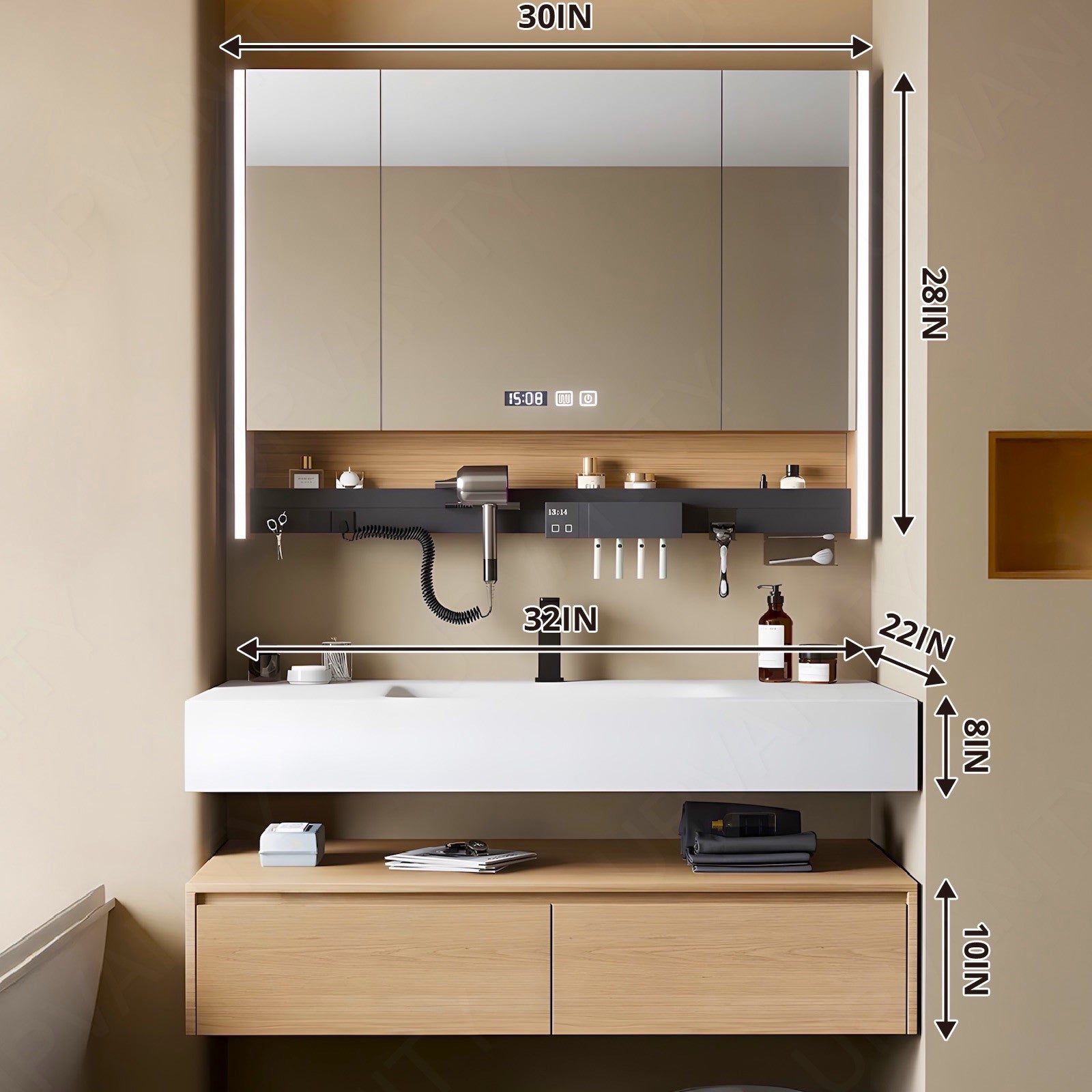 Modern Bathroom Vanity Set, Natural, Split White Top, 32"-52", Single, Floating, Smart LED Mirror, Rear Cabinet, Storage Rack