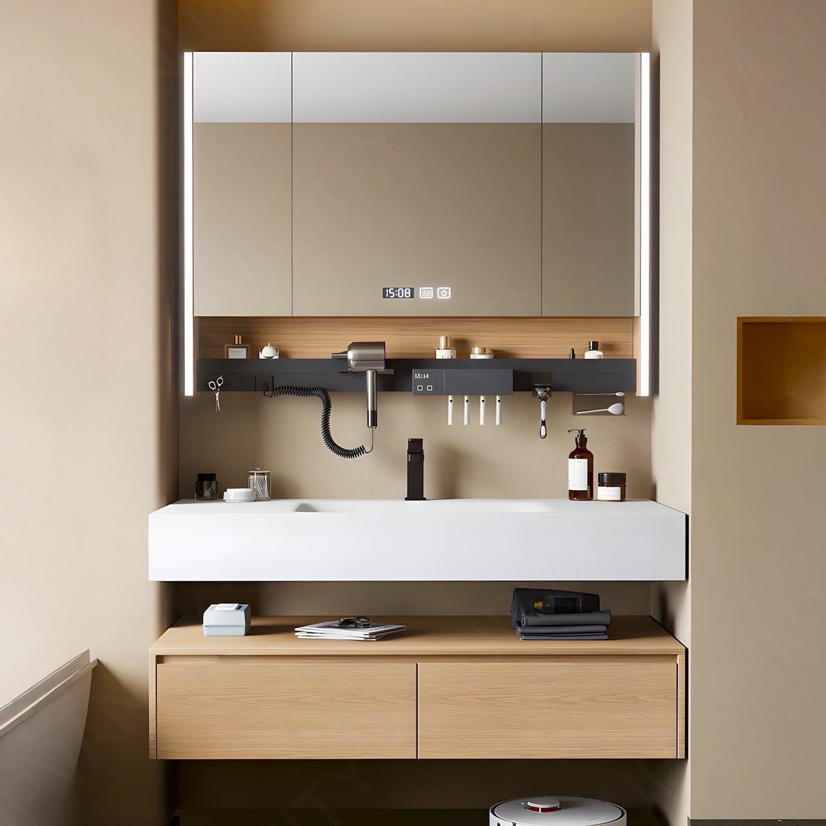 Modern Bathroom Vanity Set, Natural, Split White Top, 32"-52", Single, Floating, Smart LED Mirror, Rear Cabinet, Storage Rack
