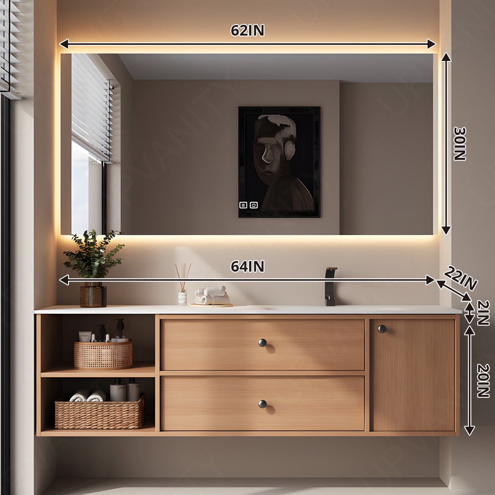 Modern Bathroom Vanity Set, Natural, White Slate Top, 32"-64", Single, Floating, Open Storage, Smart LED Mirror