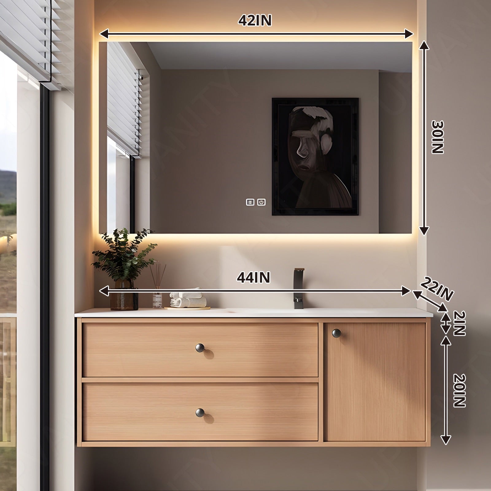 Modern Bathroom Vanity Set, Natural, White Slate Top, 32"-64", Single, Floating, Open Storage, Smart LED Mirror