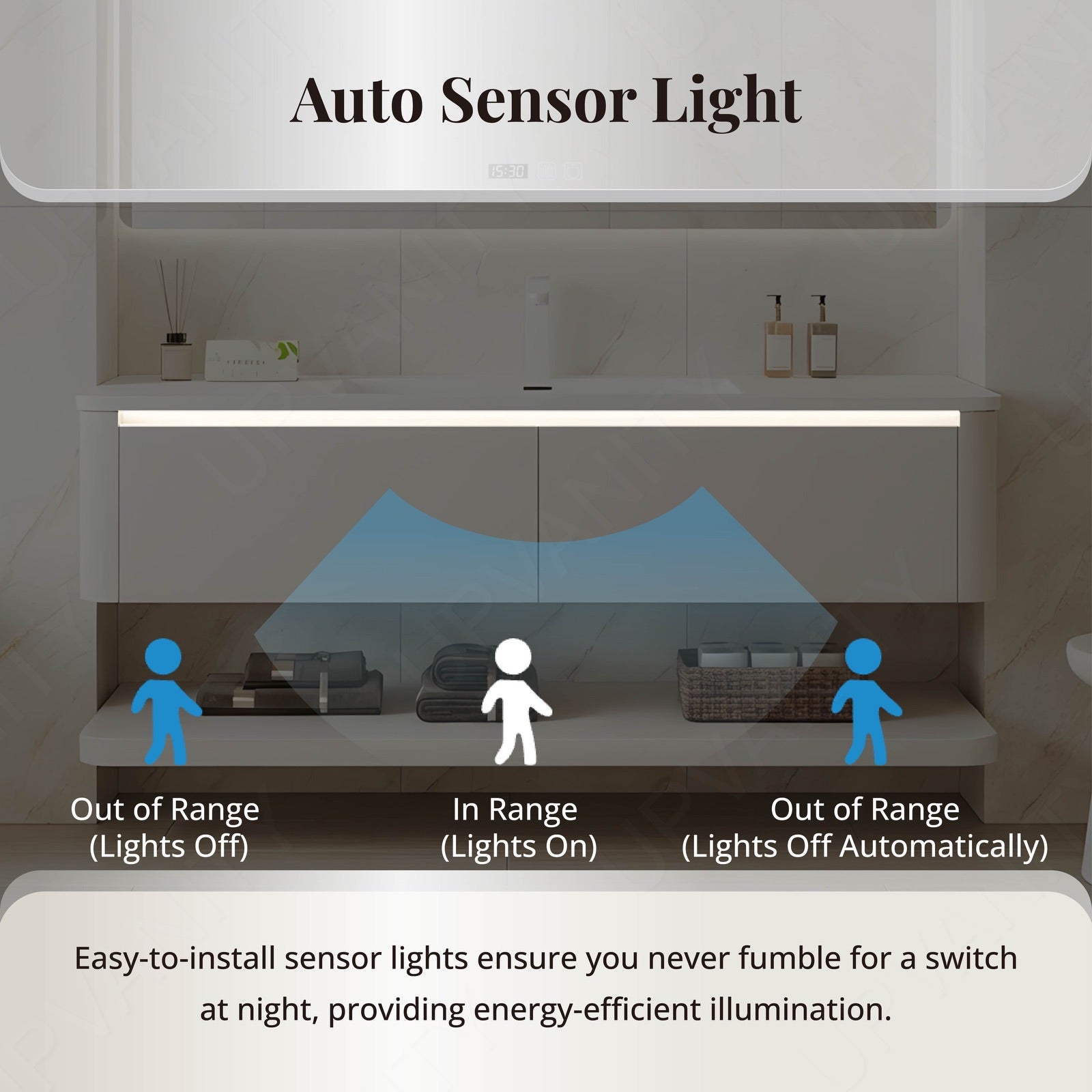 Modern Bathroom Vanity Set, White, Open Storage, 40"-56", Single, Floating, Smart LED Mirror, Rounded Edge, Sensor Light