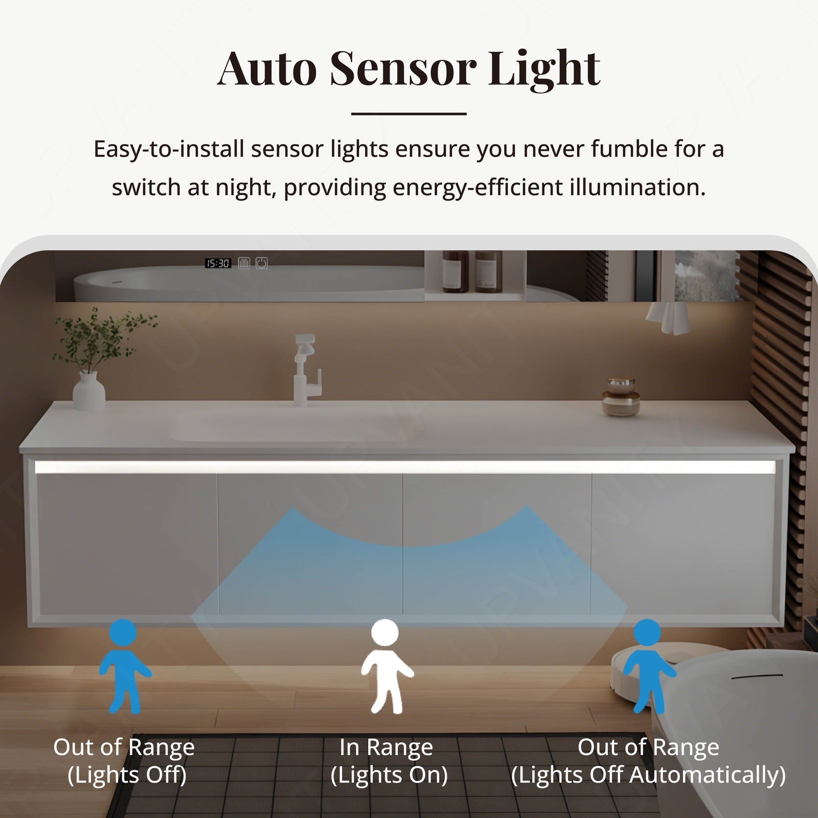 Modern Bathroom Vanity Set, White, White Slate Top, 52"-78", Single, Floating, Hidden Storage, Smart LED Mirror, Rear Cabinet, Sensor Light